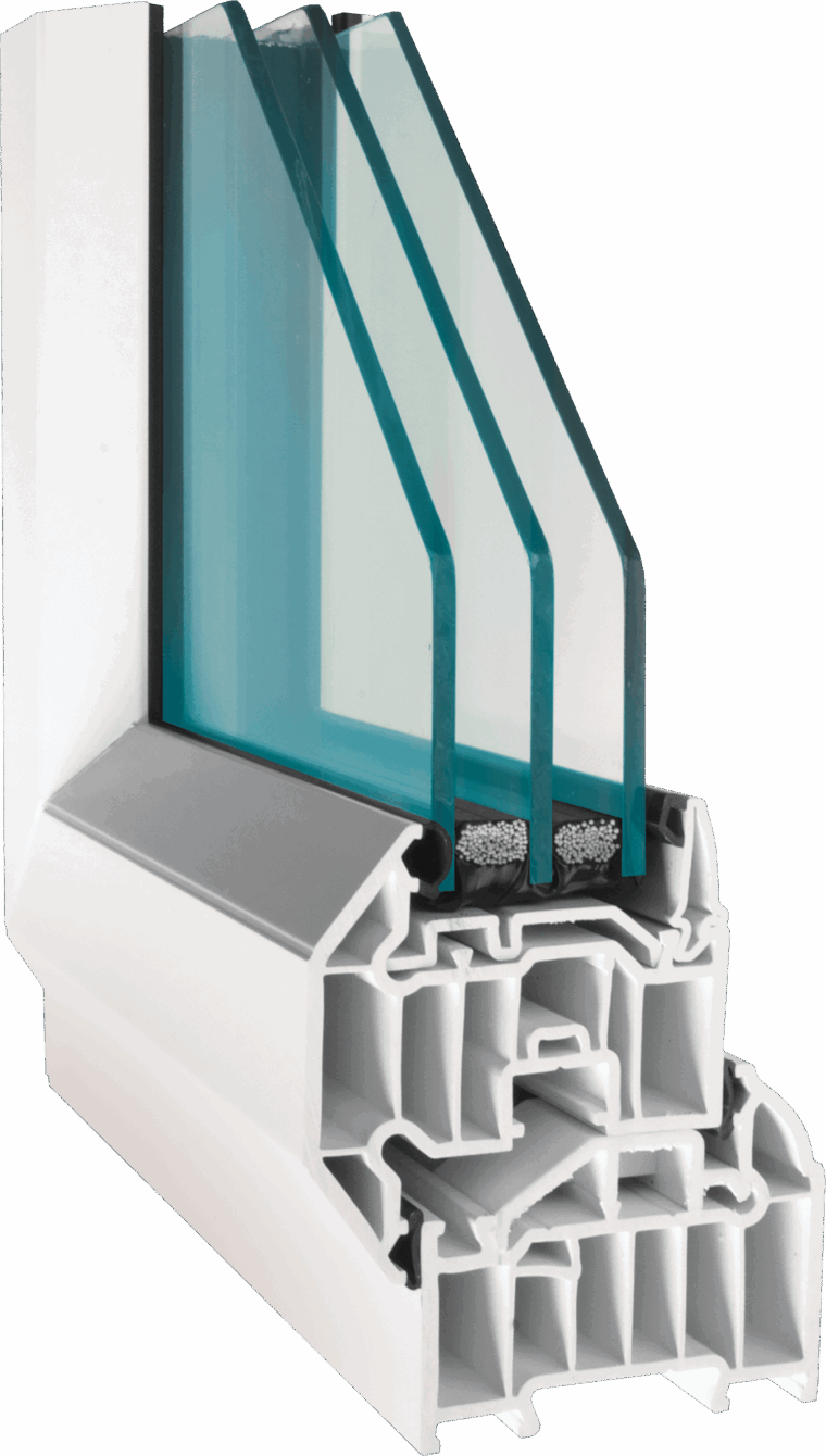 Cross-section of a triple glazed sealed unit, showing two cavities which are filled with argon gas along with the spacer bars