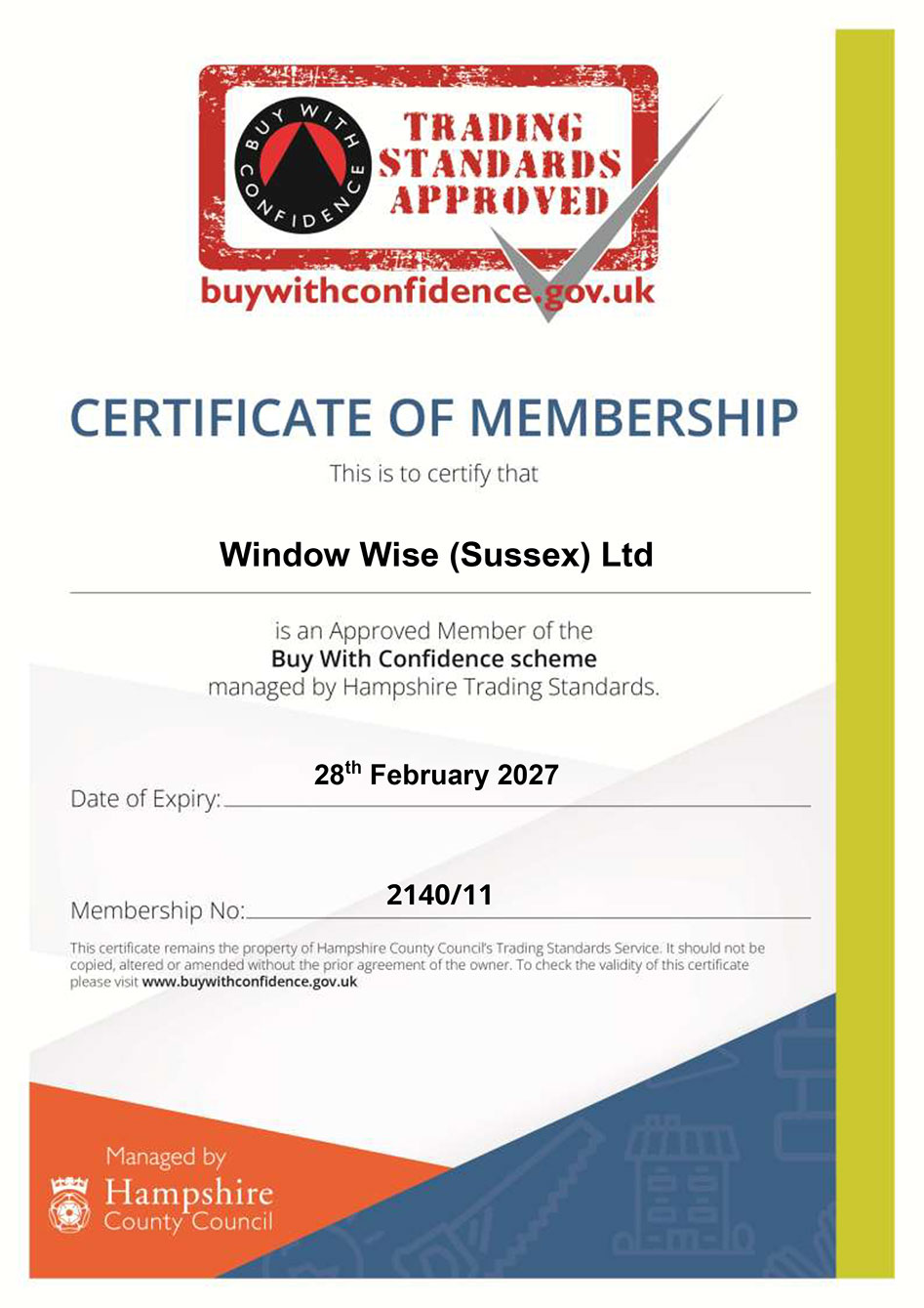 Trading Standards Buy With Confidence certificate 2026