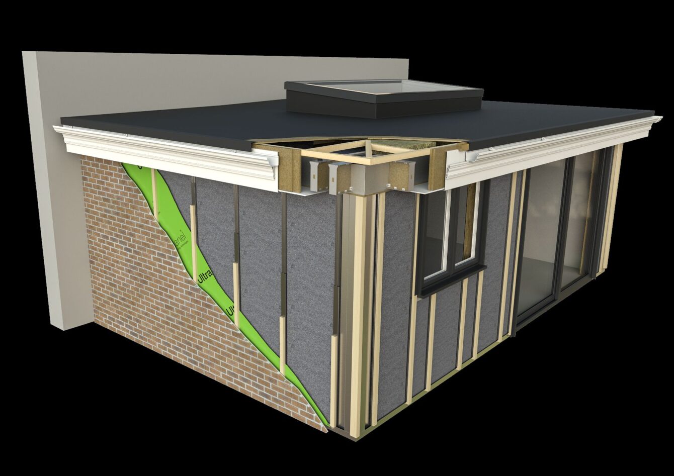 Diagram showing the layers of a hup! flat roof extension with the thermal insulation and brick-effect panels.