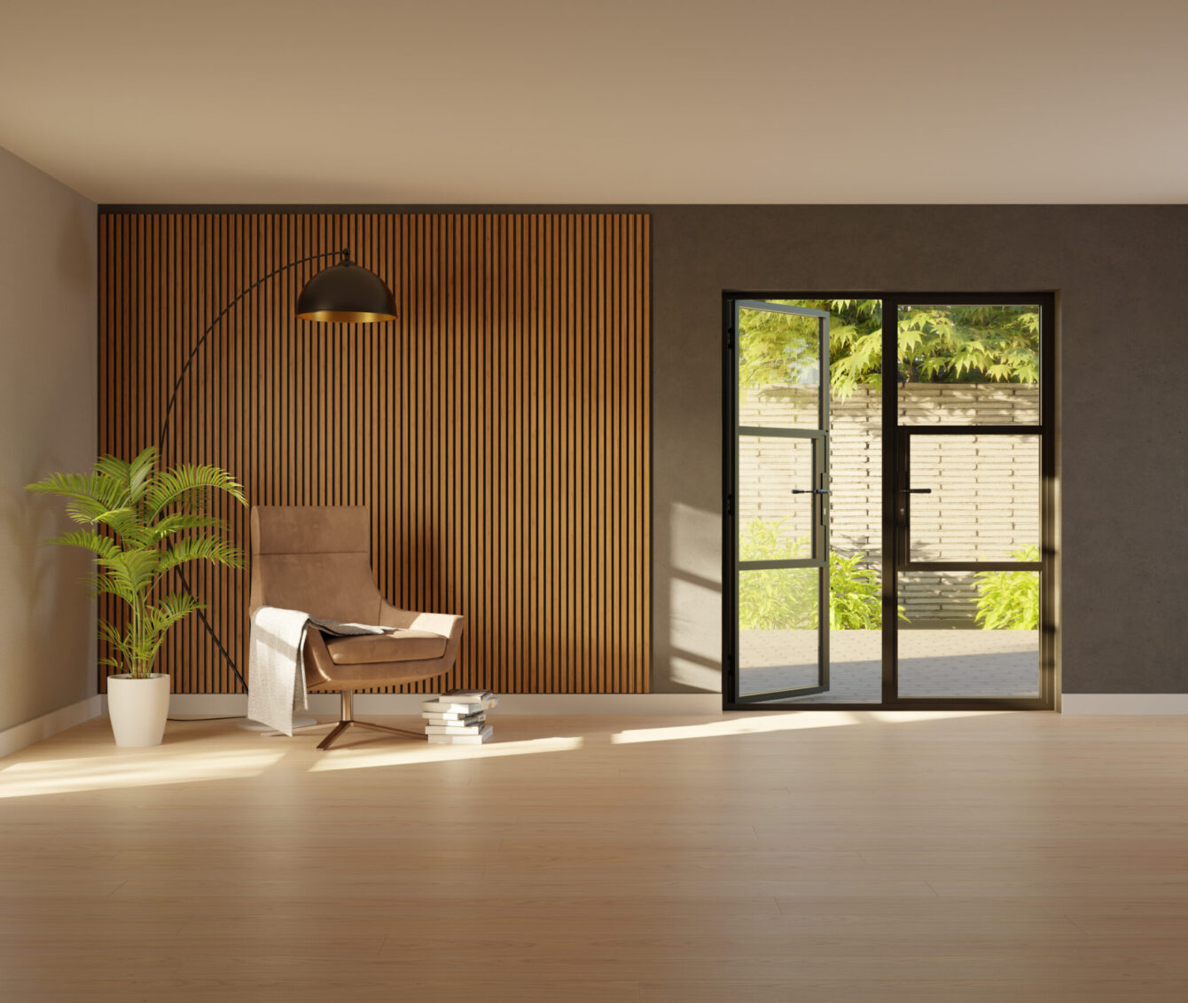 A view of from inside looking out of a sophisticated living room with Crittall style aluminium French doors in a black finish