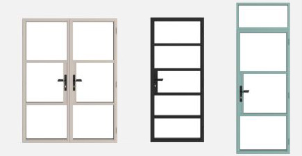An example of a floating lock box in three styles of glazed aluminium heritage doors – 2-bar French doors in Cream, a 4-bar single door in Jet Black and a 2-bar single door with a Toplight in Turquoise