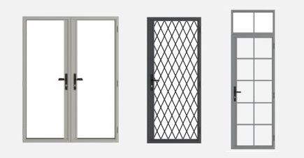 An example of a lock stile in three styles of glazed aluminium heritage doors – French doors in Agate Grey, a single Diamond-leaded door in Anthracite Grey and a Square-lead single door with a toplight in Squirrel Grey
